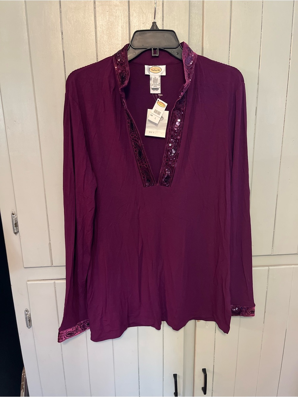 Talbots purple embellished V-neck long-sleeve blouse Sz Lg